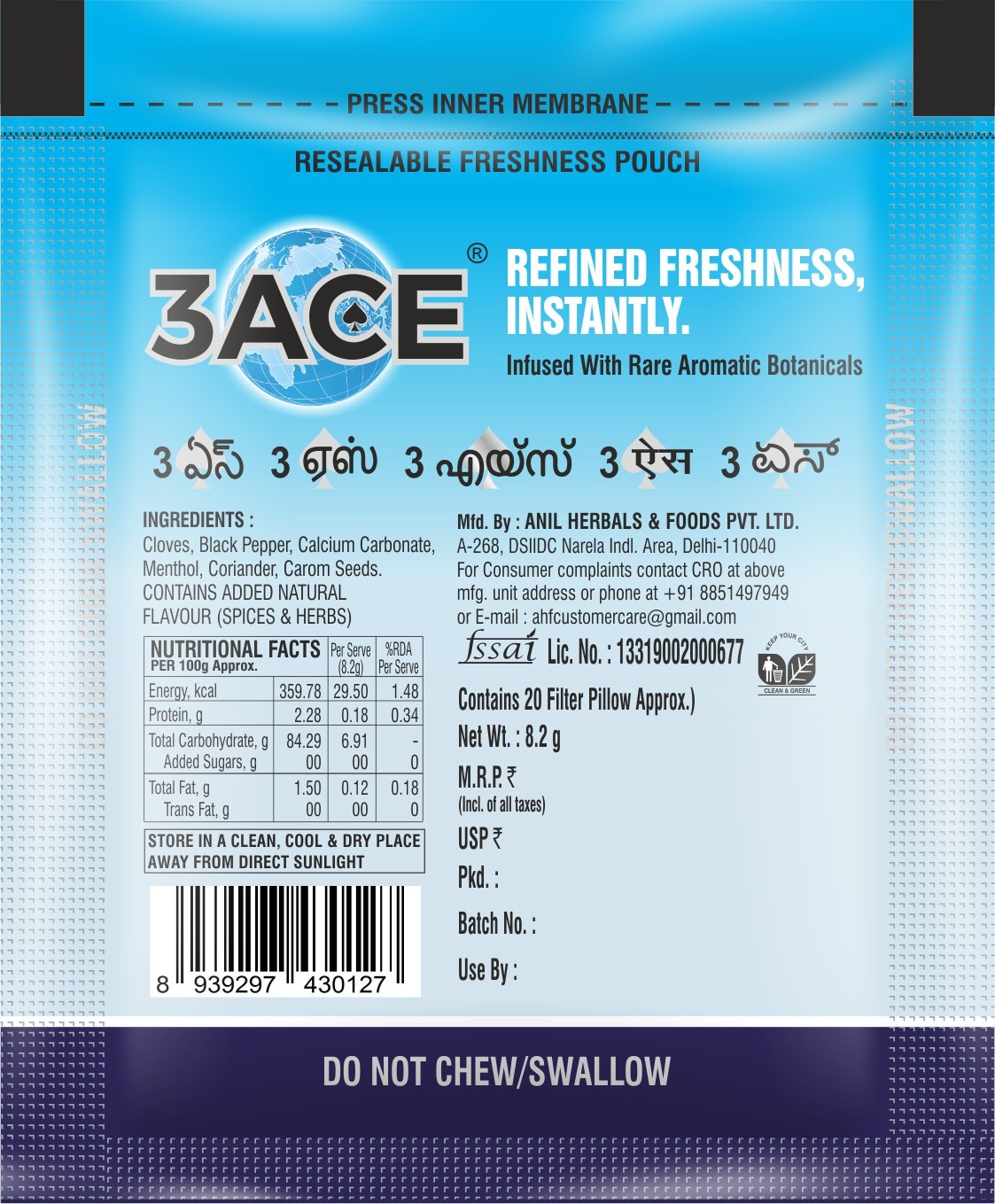 3ACE pouch back showing nutritional information